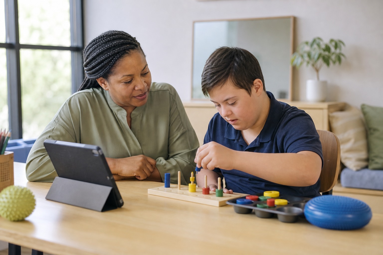 A learner and therapist working together on a practical activity